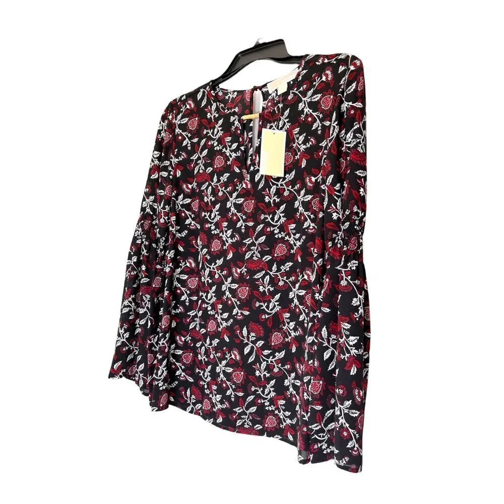 Michael Kors Womens Black Floral Long Bell Sleeve Peasant Blouse Sz M New